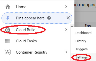 Figure 18.4 – Nav Menu: Cloud Build | Settings
