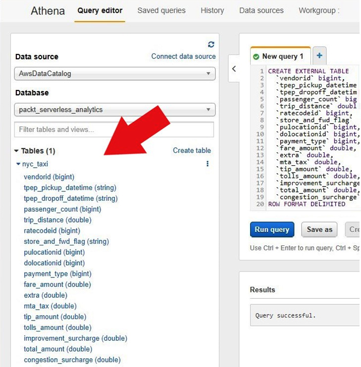 Figure 1.3 – Athena's Database navigator will show the schema of your newly created table
