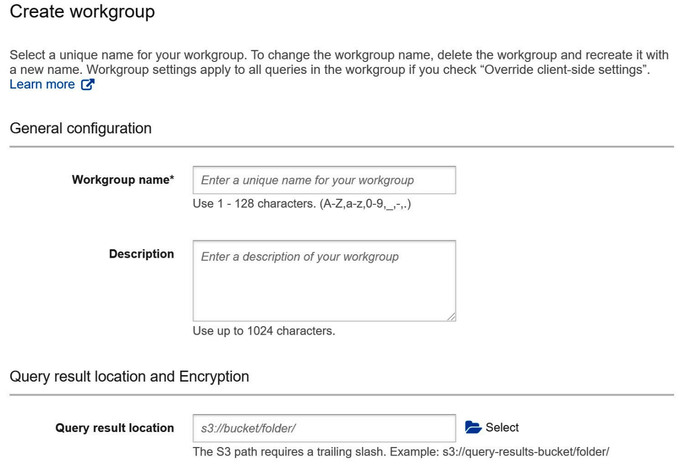 Figure 3.2 – Creating an Athena workgroup form Part 1
