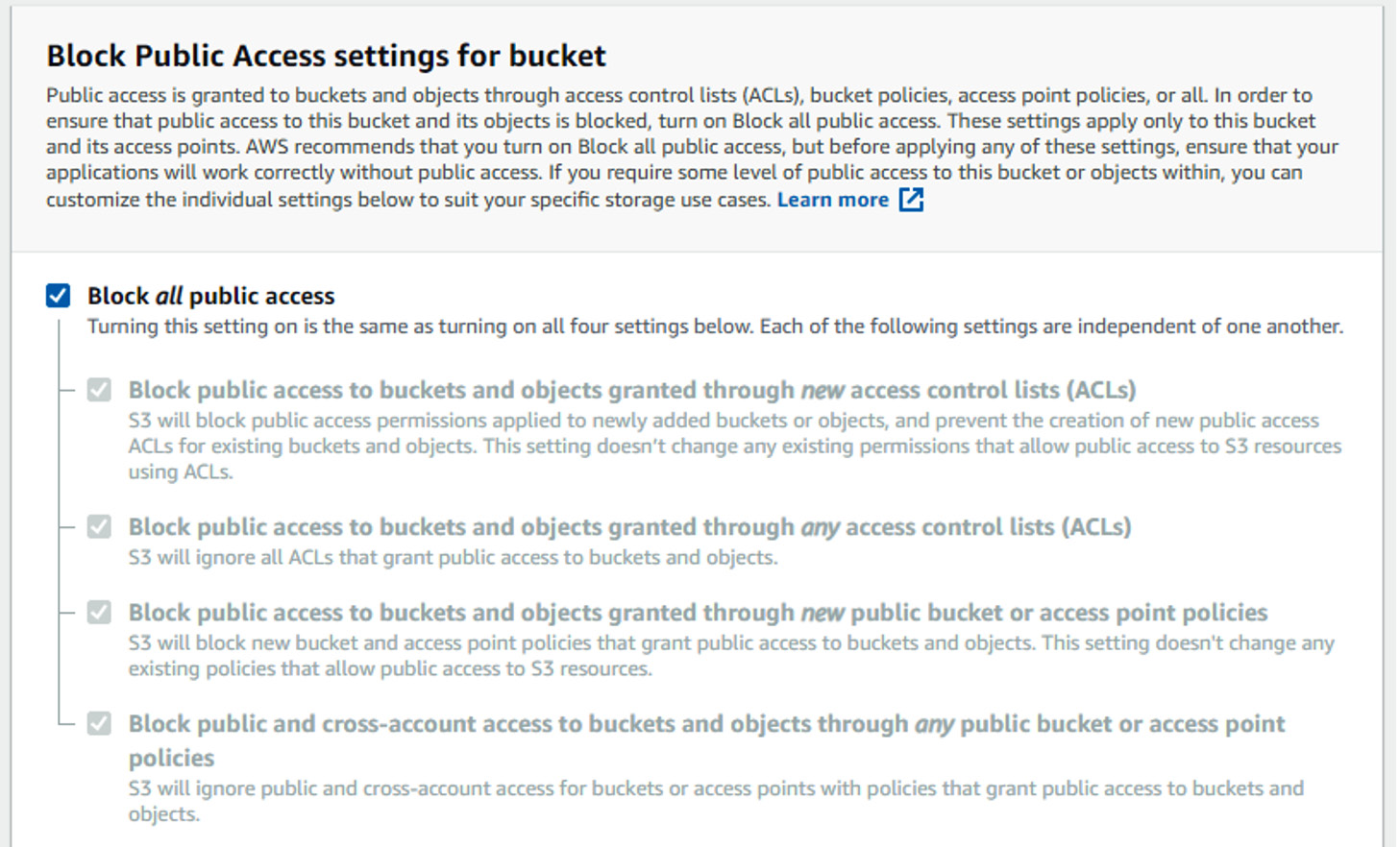 Figure 5.1 – Block Public Access settings for bucket page
