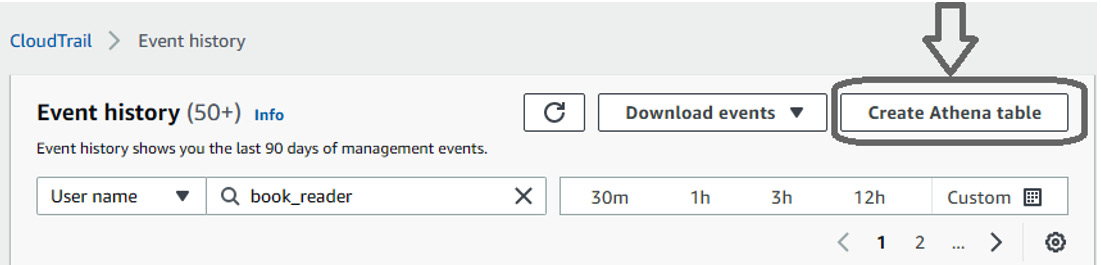 Figure 5.10 – The Create Athena table button in CloudTrail's Event history
