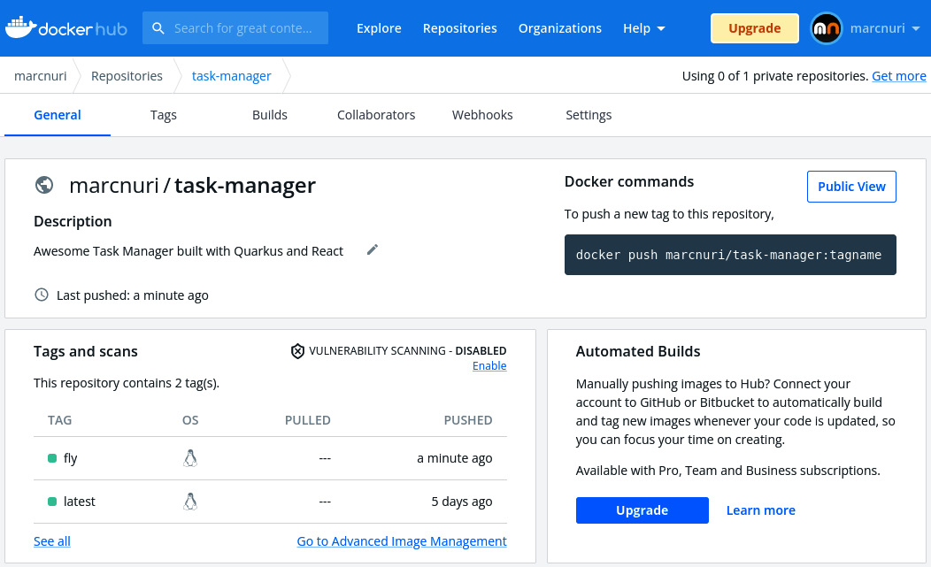 Figure 13.1 – A screenshot of the Docker Hub task manager repository user interface