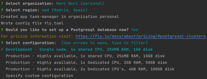 Figure 13.5 – A screenshot of flyctl launch prompting you to set up a PostgreSQL service