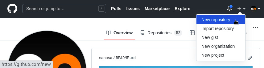 Figure 14.1 – A screenshot of GitHub’s Create new pop-up menu