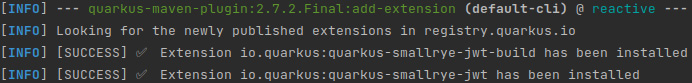 Figure 4.1 – A screenshot of the execution result of the quarkus:add-extension command
