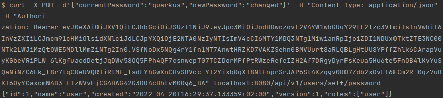 Figure 4.9 – A screenshot of the result of executing cURL to change the user password
