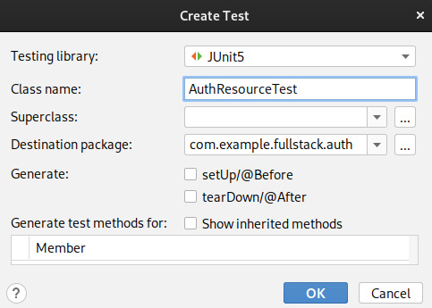 Figure 5.4 – A screenshot of IntelliJ Create Test dialog
