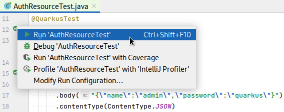 Figure 5.5 – A screenshot of the IntelliJ Run ‘AuthResourceTest’ menu entry