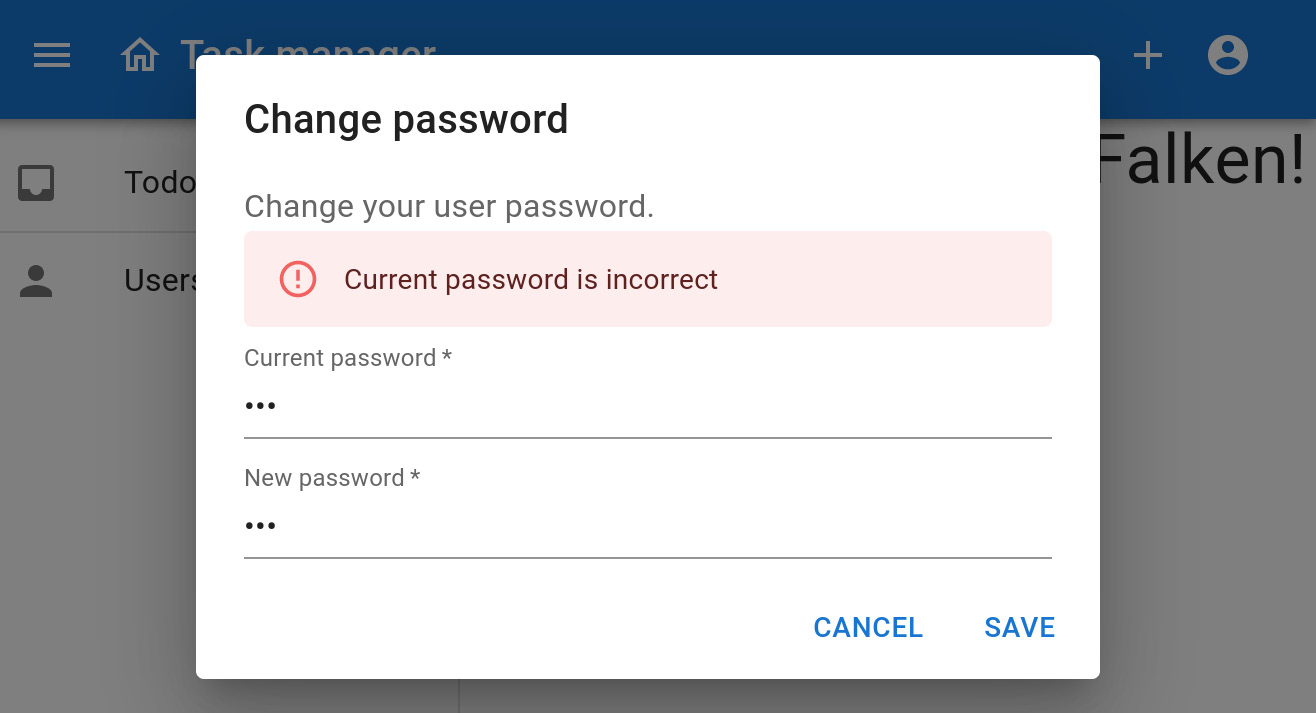 Figure 9.2 – A screenshot of the ChangePasswordDialog component displaying an error message
