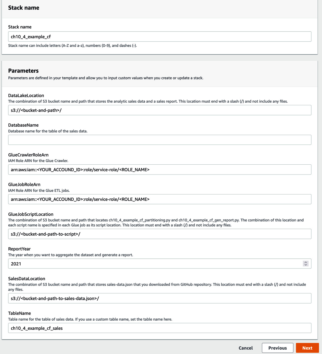 Figure 10.20 – The AWS Management console view for filling in parameters
