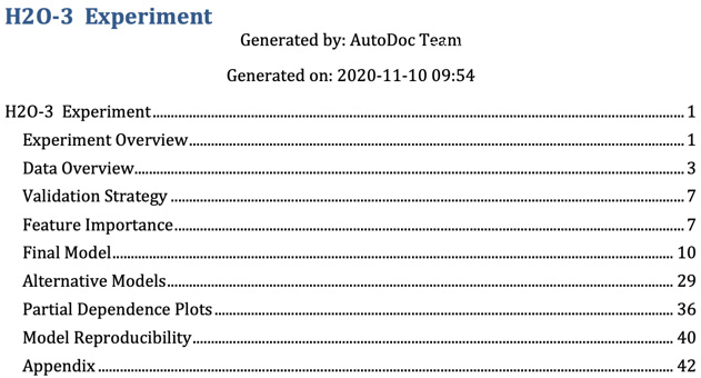 Figure 7.22 – Table of contents for model documentation created by H2O AutoDoc
