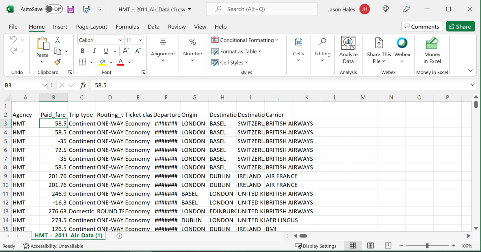 Figure 4.6: Preview of HM Treasury traffic data in Excel
