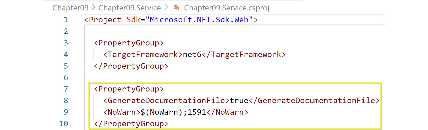 Figure 9.11: Swagger configuration to include XML docs
