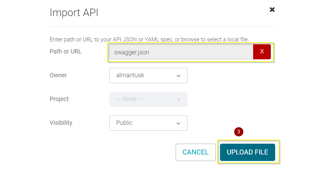 Figure 9.14: SwaggerHub IMPORT button changed to UPLOAD FILE button
