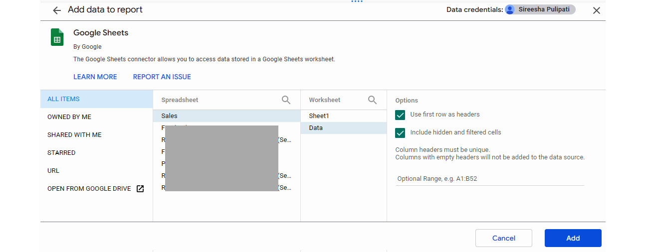 Figure 4.7 – Choosing the dataset – Google Sheets connector options
