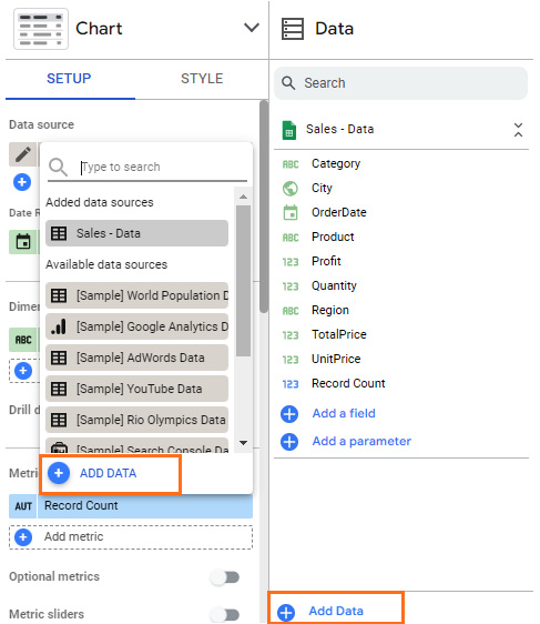 Figure 4.11 – Adding data to the report from the Data panel and SETUP tab
