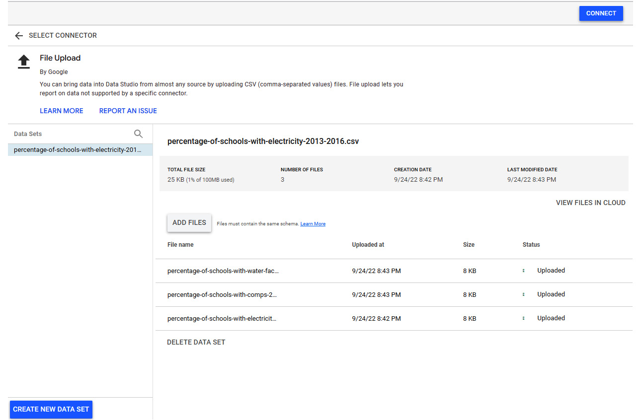 Figure 4.16 – Creating a data source from multiple files using the File Upload connector
