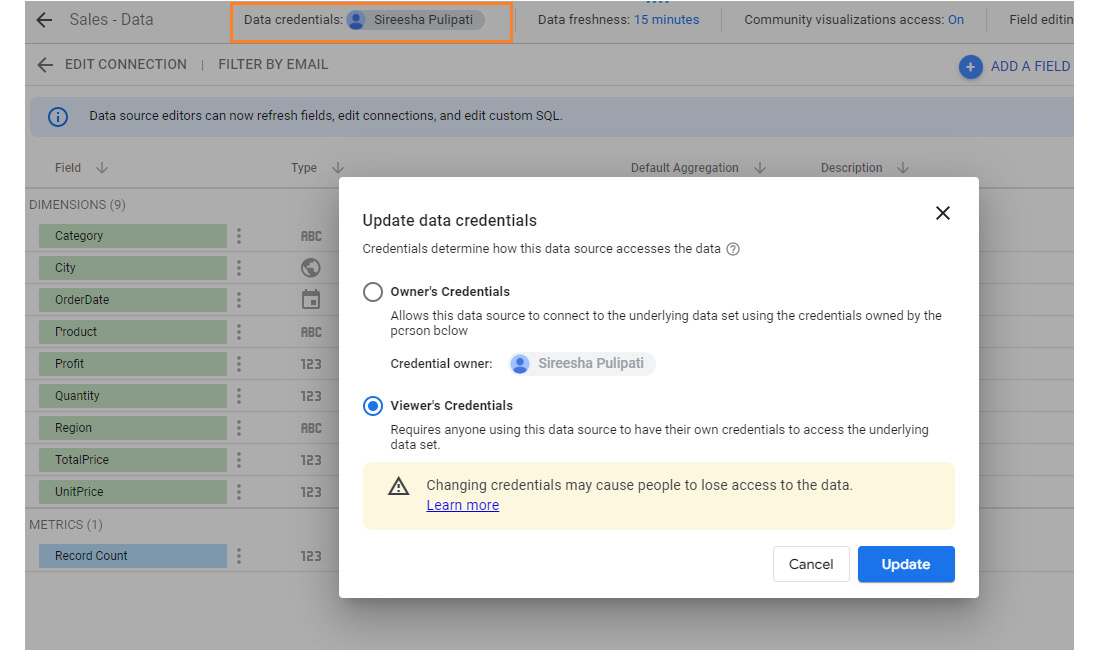 Figure 4.17 – Updating the data credentials for the data source
