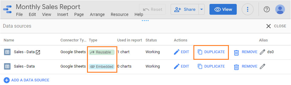 Figure 4.25 – Duplicating a data source from within a report
