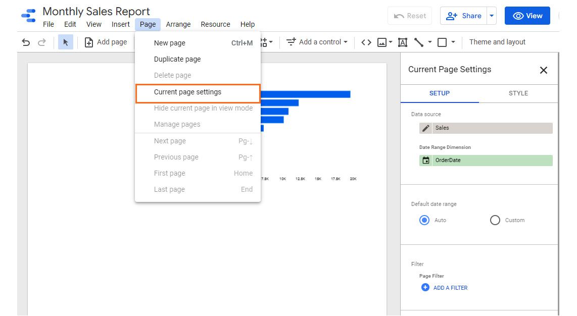 Figure 5.4 – Current page settings – choosing the default data source for the page
