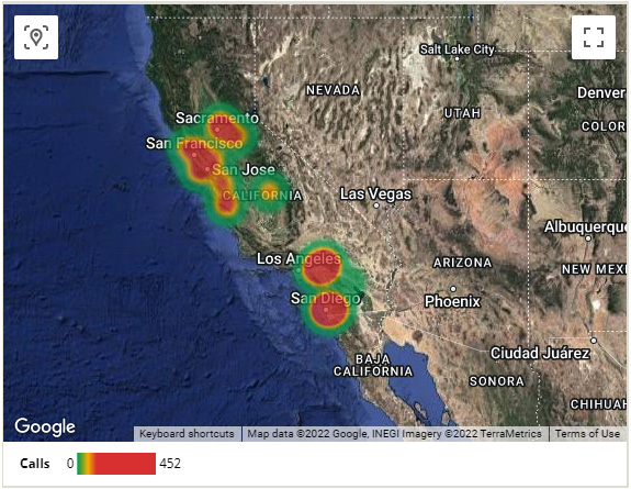 Figure 6.41 – A heatmap of the number of calls made by customers from the state of California
