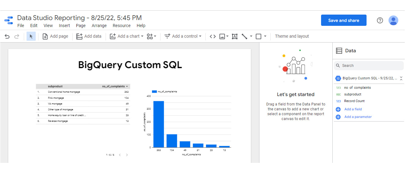 Figure 9.6 – The default Data Studio report created from the query results
