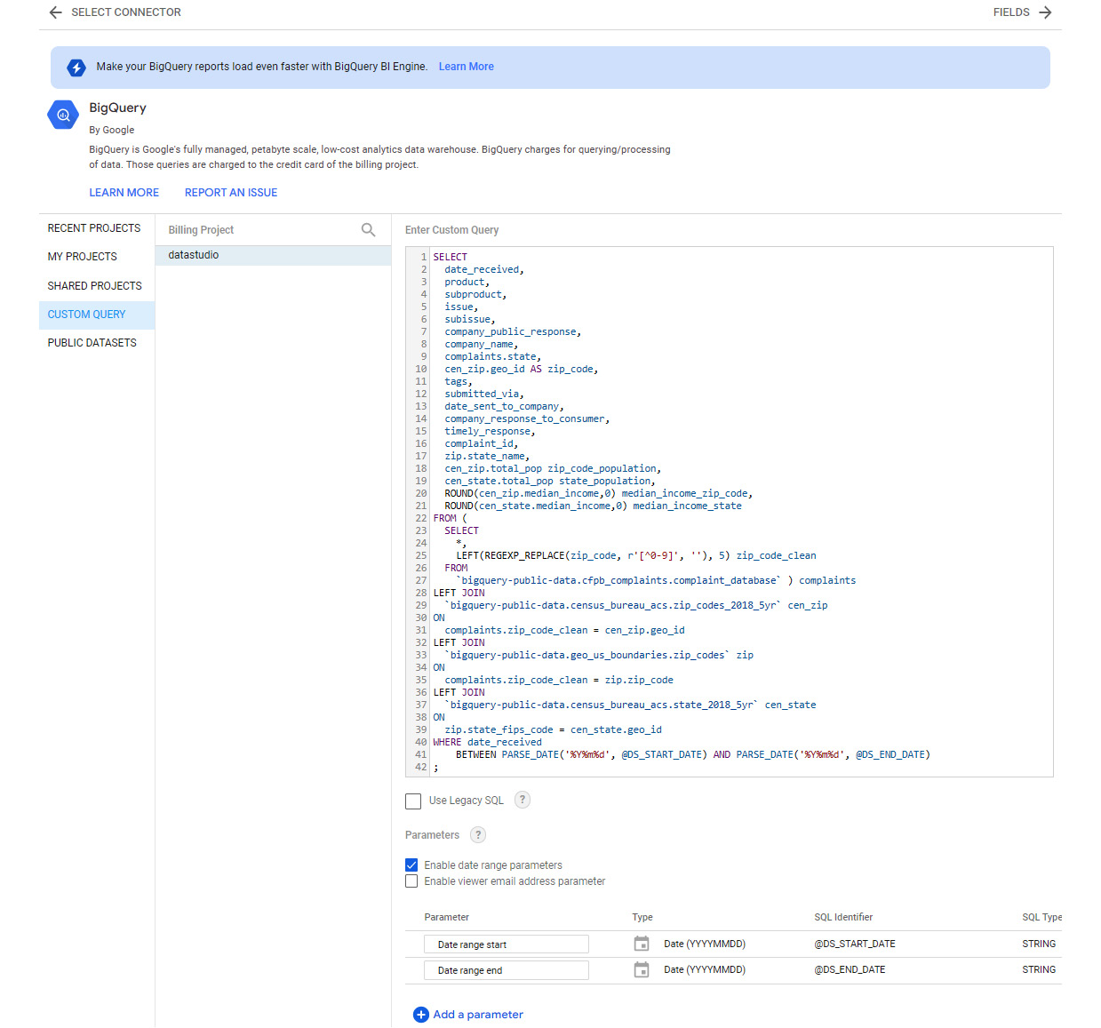 Figure 9.9 – The BigQuery data source connection settings
