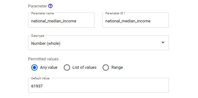 Figure 9.10 – Creating a parameter to hold the national median income value
