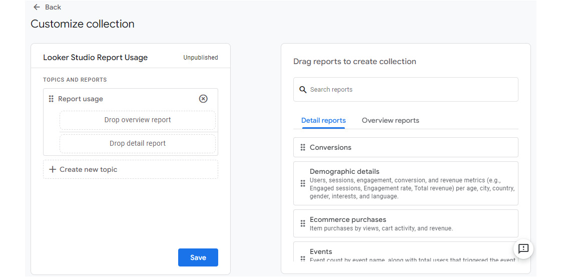 Figure 11.11 – Customizing the collection by adding topics and reports
