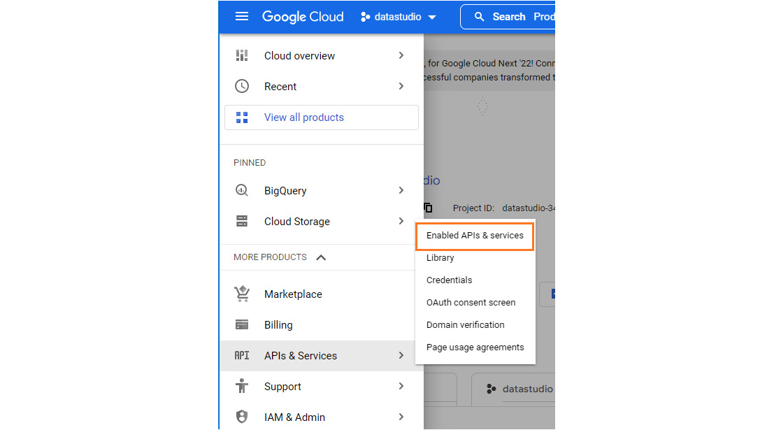 Figure 11.21 – Verifying that the BigQuery API is enabled in the Google Cloud project
