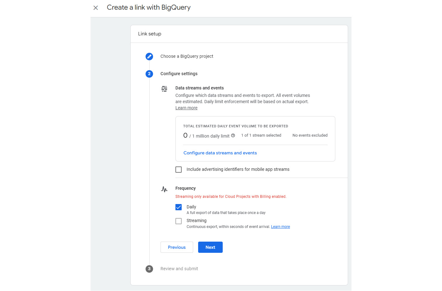 Figure 11.23 – Configuring the settings for enabling BigQuery export
