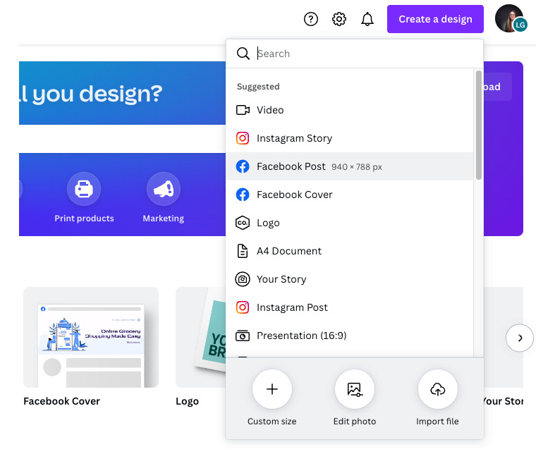 Figure 2.2 – Create a design dropdown