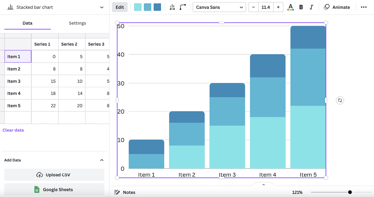 Figure 6.28 – Adding and editing a stacked bar chart