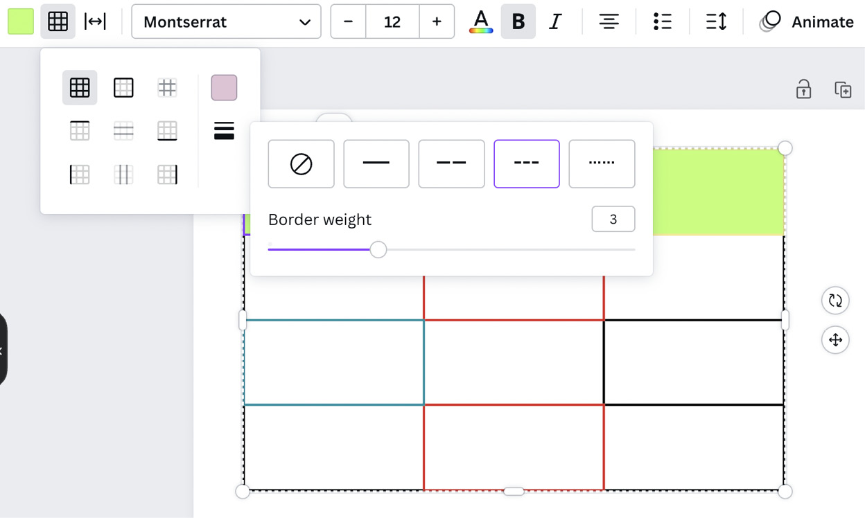 Figure 6.35 – Changing the color, thickness, and style of table lines