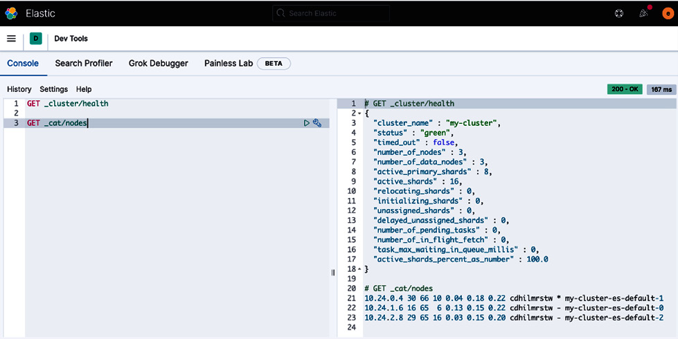 Figure 2.16 – The status and nodes of the underlying Elasticsearch cluster on Kubernetes
