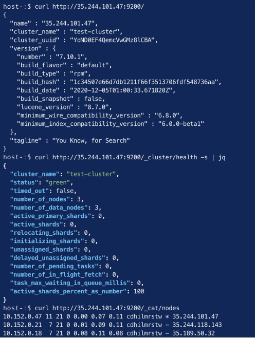 Figure 2.3 – Elasticsearch running and displaying cluster health
