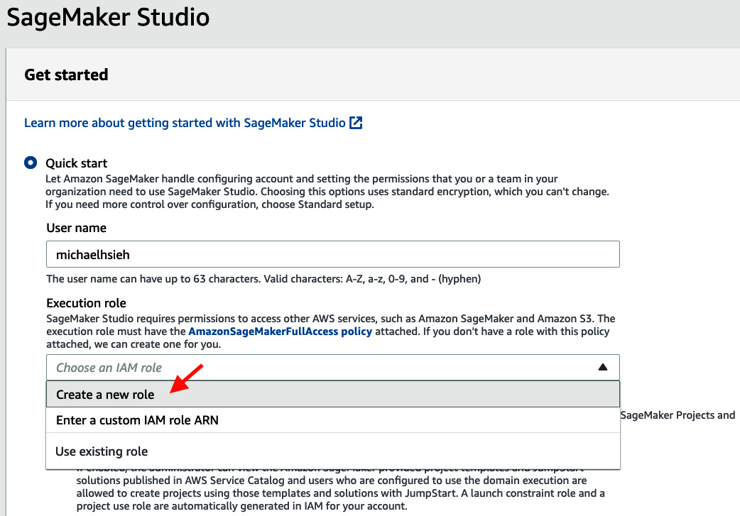 Figure 2.3 – Setting up a SageMaker Studio domain with Quick start 
