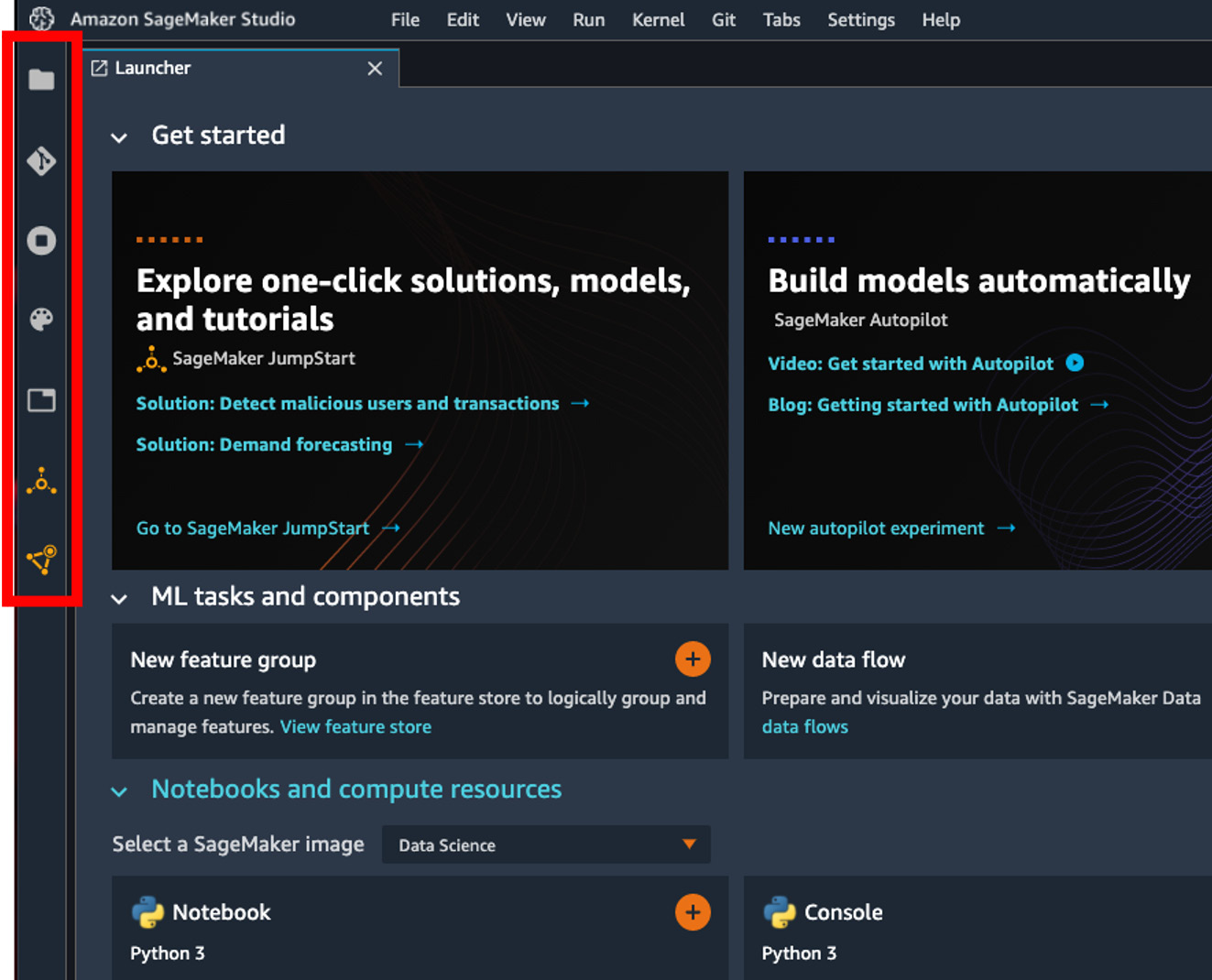 Figure 2.6 – The SageMaker Studio UI – the left sidebar is indicated in the red box
