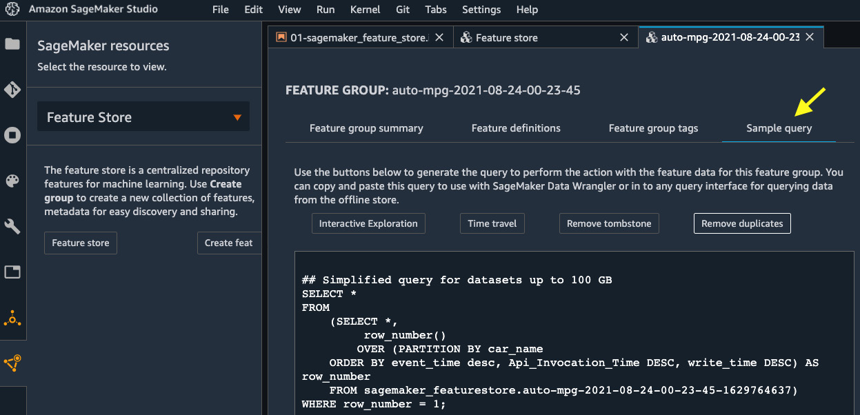 Figure 4.11 – Example queries that can help you perform common tasks with the offline store of a feature group
