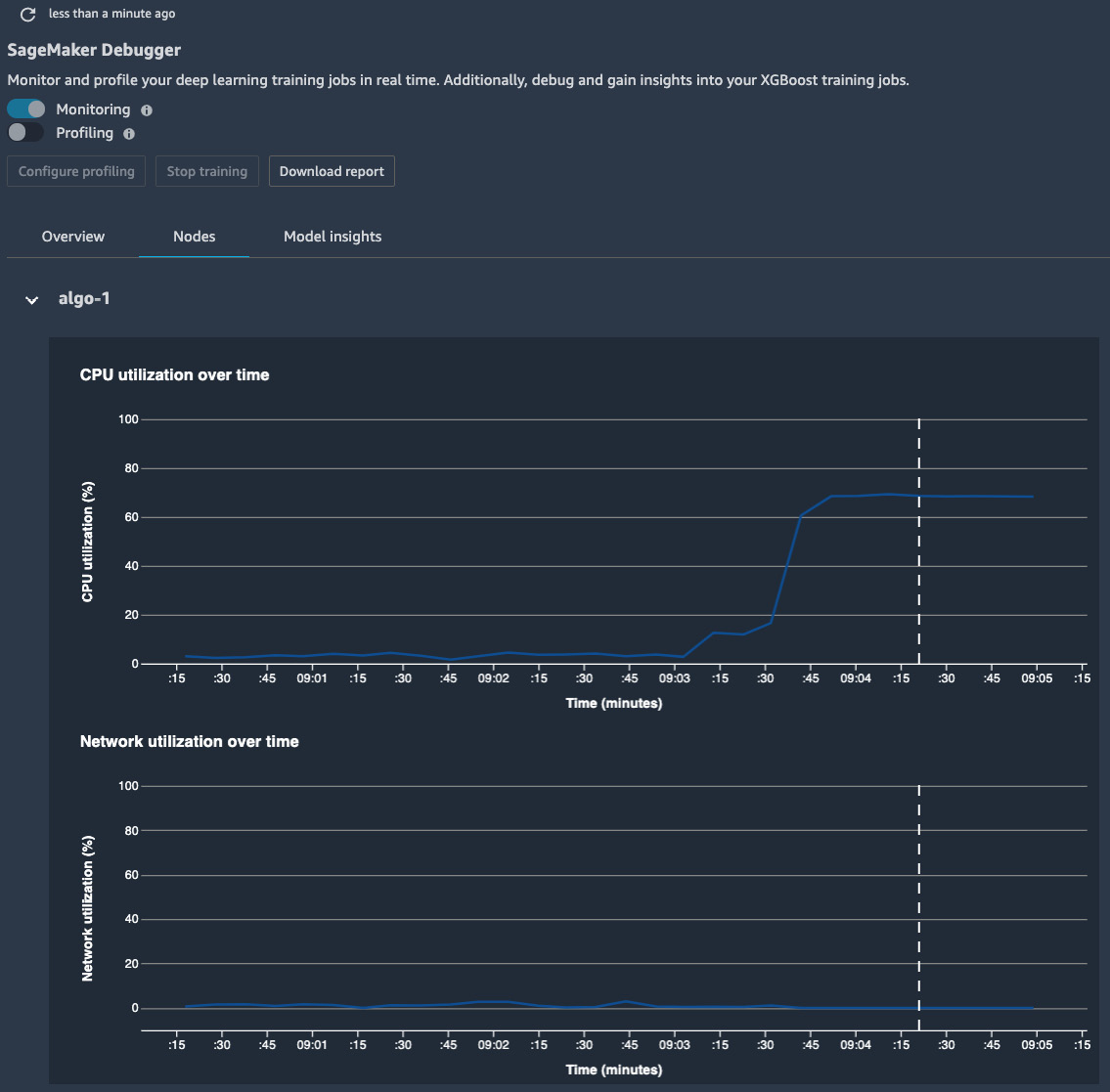 Figure 9.7 – The SageMaker Debugger insights dashboard showing the CPU and network utilization over the course of the training
