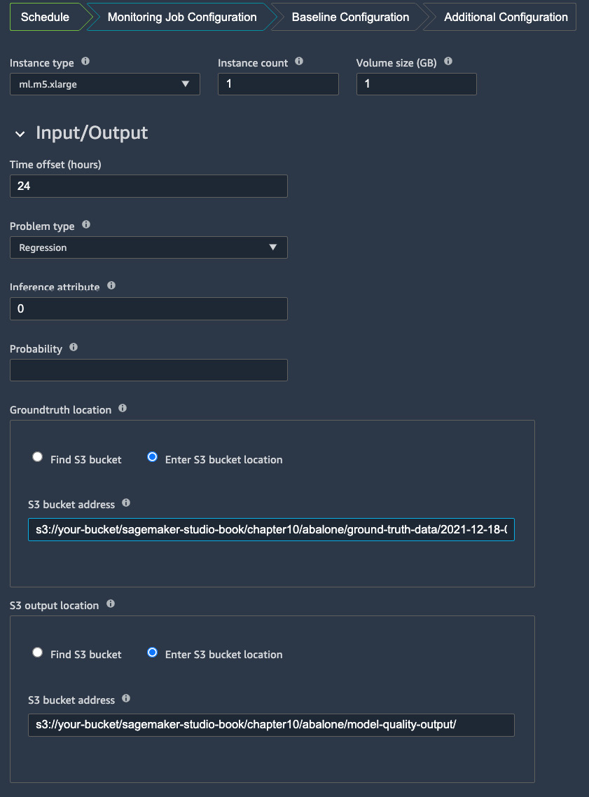 Figure 10.7 – Setting up input and output for the model quality monitor
