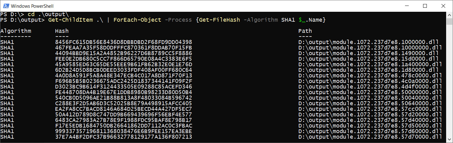 Figure 5.27 – Calculating the hash of DLLs with PowerShell 
