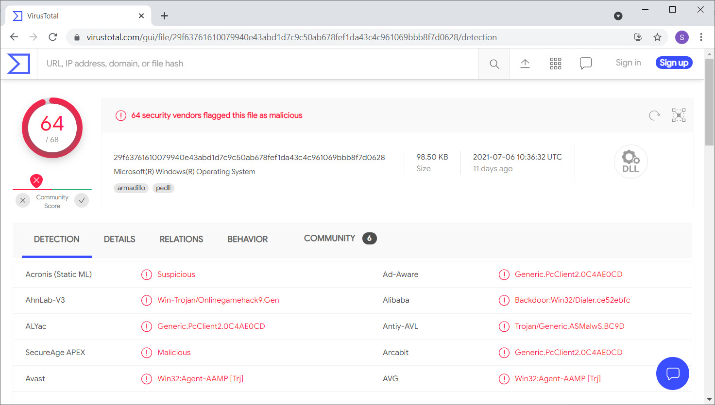 Figure 5.28 – The malicious DLL detected with VirusTotal

