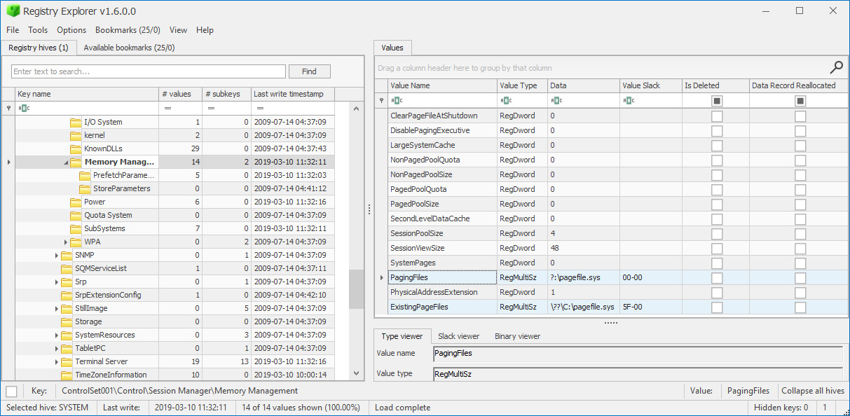 Figure 6.13 – ExistingPageFiles and PagingFiles values in SYSTEM registry file
