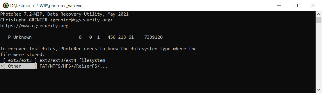 Figure 6.25 – PhotoRec filesystem type 
