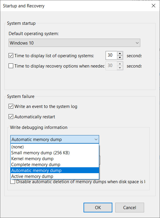 Figure 6.31 – Crash dump formats in Windows 10
