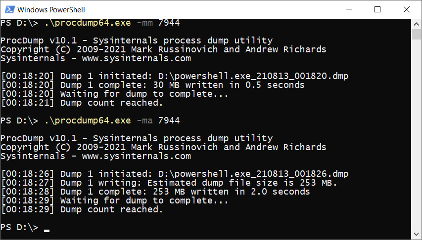 Figure 6.39 – Mini-dump and full dump creation
