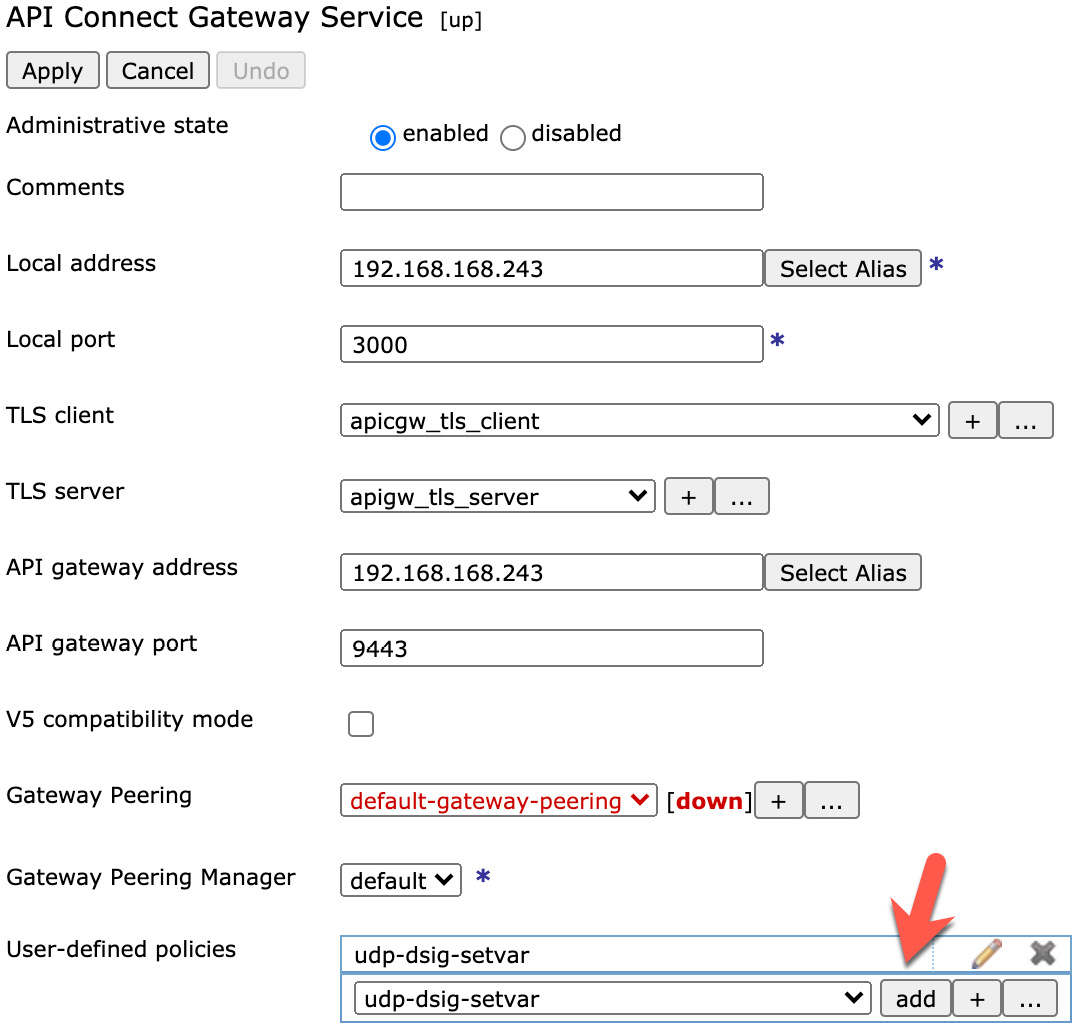 Figure 12.13 – Adding a UDP to a gateway service in DataPower
