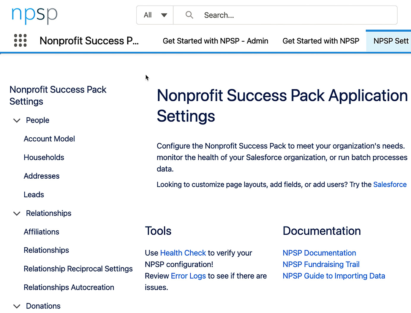 Figure 1.5 – the NPSP Settings page as seen in an actual Salesforce instance
