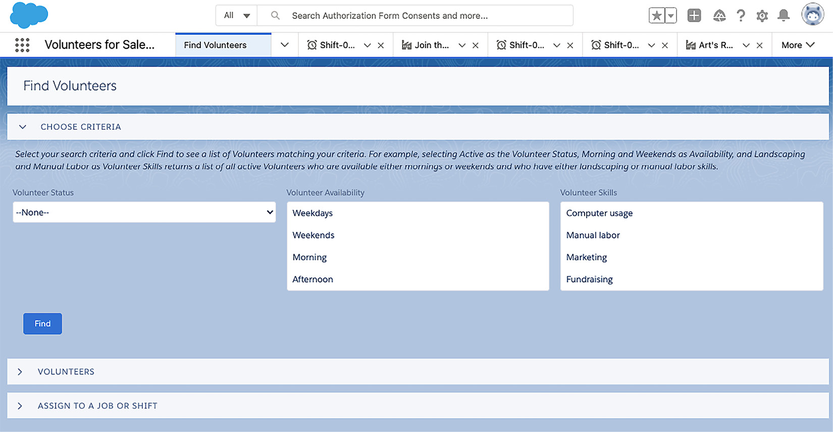 Figure 1.7 – A sample page for V4S for finding and assigning volunteers
